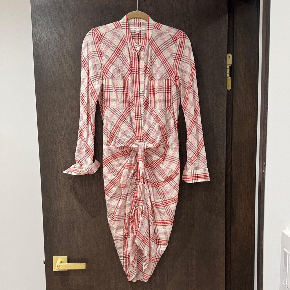 Veronica Beard Red and White Plaid Long Sleeve Dress